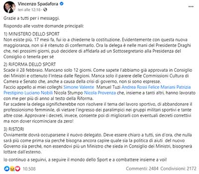 Si spera in Barelli come sottosegretario allo sport