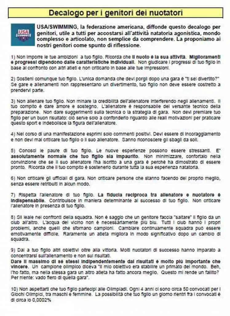 decalogo genitori swimmershop USA SWIMMING decalogo genitori swimmershop USA SWIMMING